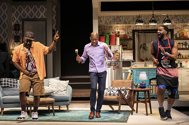 Nicco Annan, Korey Jackson, and Toussaint Jeanlouis star in Katori Hall&#39;s The Hot Wing King, directed by Steve H. Broadnax III, at Signature Theatre.