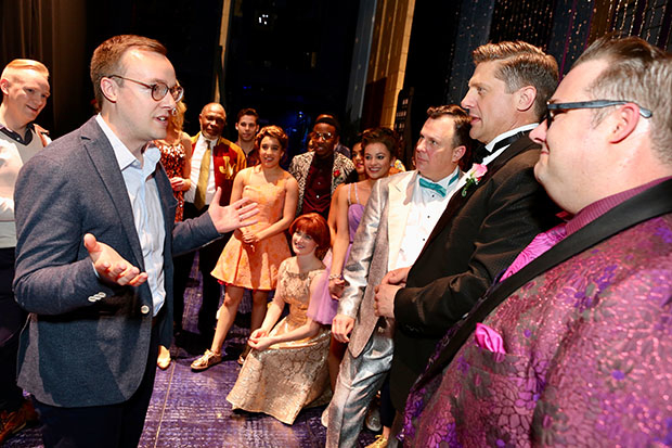 Chasten Buttigieg meets Brooks Ashmanskas, Christopher Sieber, and other cast members of The Prom on Broadway in 2019.