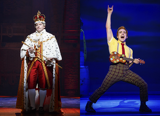 Rory O&#39;Malley as King George in Hamilton and Lorenzo Pugliese as the title character in The SpongeBob Musical, both coming to Los Angeles in March.