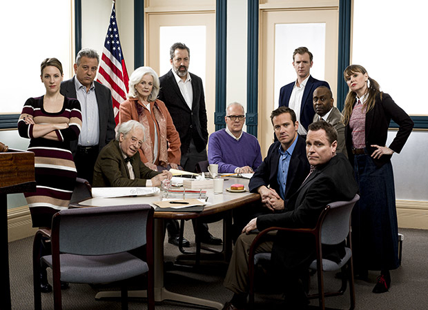 Jessie Mueller, Jeff Still, Austin Pendleton, Blair Brown, Ian Barford, Tracy Letts, Cliff Chamberlin, K. Todd Freeman, Armie Hammer, Danny McCarthy, and Sally Murphy in a promotional image for The Minutes.