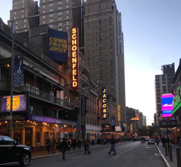 45th Street on Broadway at dusk in 2018.