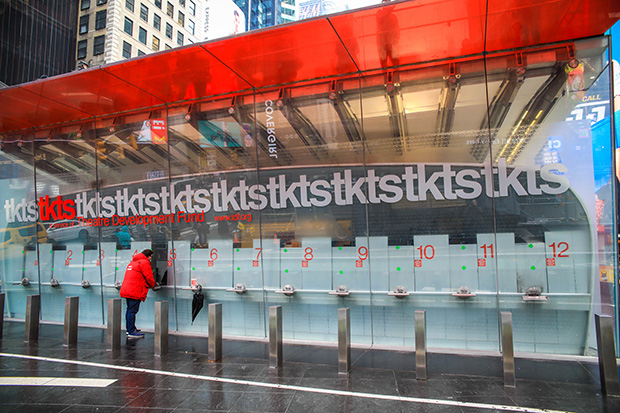 The usually bustling TKTS booth in Times Square is shut down, with no tickets to sell.