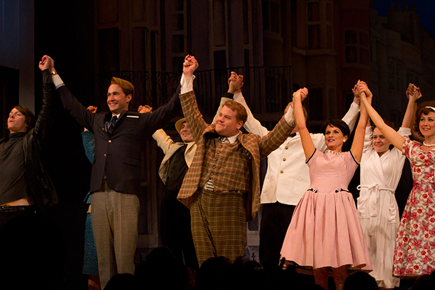 James Corden (center) and the cast of One Man, Two Guvnors on opening night.