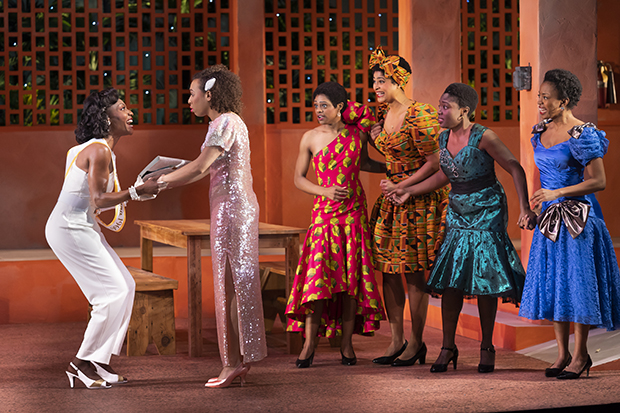Lanise Antoine Shelley (Eloise Amponsah), Kyrie Courter (Ericka Boafo), Katherine Lee Bourné (Ama), Ashley Crowe (Nana), Adia Alli (Gifty), and Tiffany Renee Johnson (Mercy) in School Girls; Or, The African Mean Girls Play by Jocelyn Bioh, directed by Lili-Anne Brown at the Goodman Theatre.