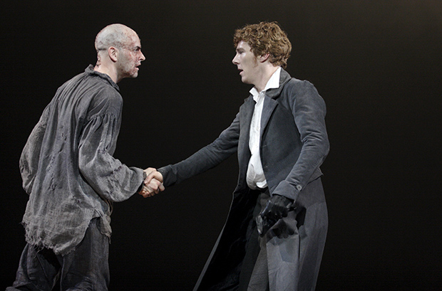 Jonny Lee Miller as the Creature and Benedict Cumberbatch as Victor Frankenstein in Frankenstein.