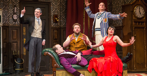 Jonathan Sayer, Greg Tannahill, Henry Lewis, Dave Hearn, and Charlie Russell in The Play That Goes Wrong.