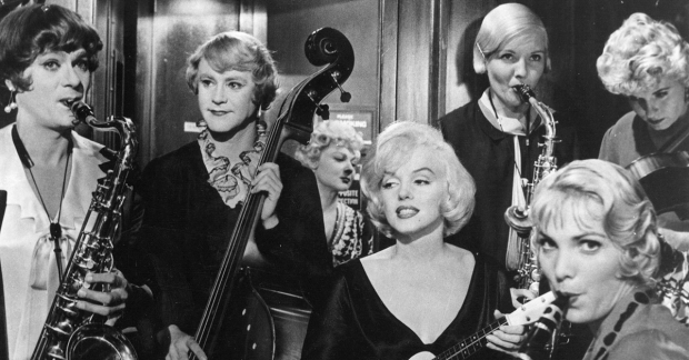 A scene from the film Some Like It Hot, starring Jack Lemmon, Marilyn Monroe, and Tony Curtis.