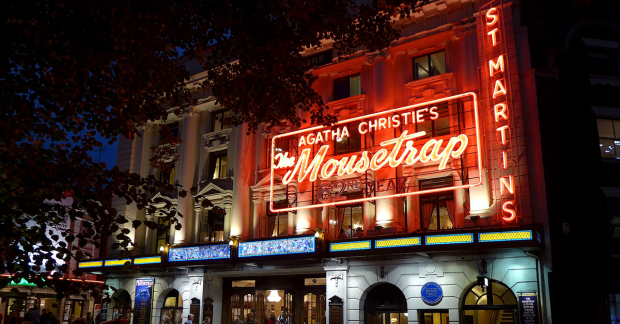 The marquee of The Mousetrap at London&#39;s St. Martin&#39;s Theatre.