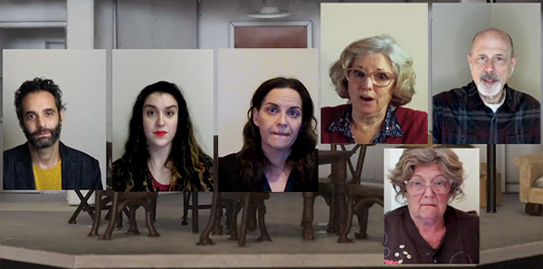 The ensemble of The Humans: Jonathan Raviv, Dani Stoller, Kimberly Gilbert, Sherry L. Edelen, Catie Flye, and Mitchell Hébert