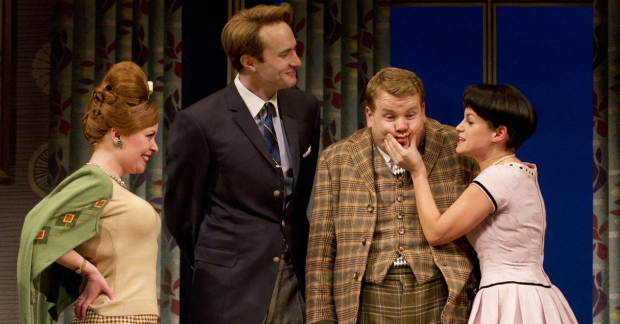 Suzie Toase, Oliver Chris, James Corden, and Jemima Rooper in the Broadway production of One Man, Two Guvnors.