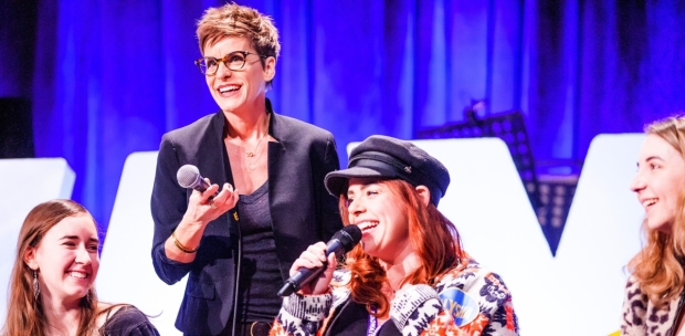 Jenn Colella, Alysha Umphress, and attendees at the BroadwayCon Feud game show in 2019.