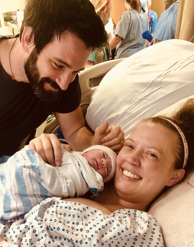 Colin Donnell, Patti Murin, and newborn Cecily Donnell