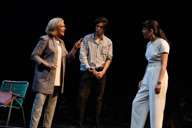 Michele Pawk, John Zdrojeski, and Zoë Winters appear in one of the most fraught scenes in Will Arbery's Heroes of the Fourth Turning at Playwrights Horizons.