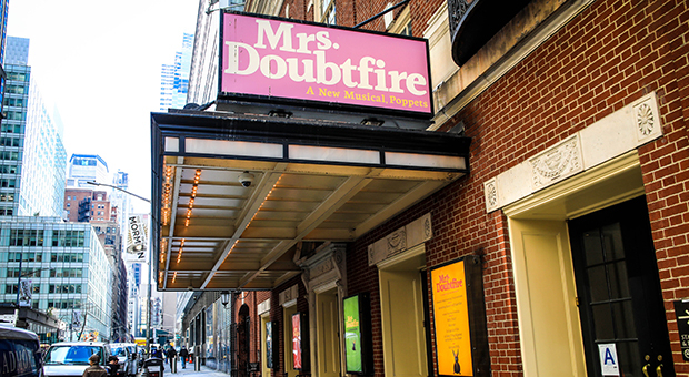 The Mrs. Doubtfire marquee at the Sondheim Theatre