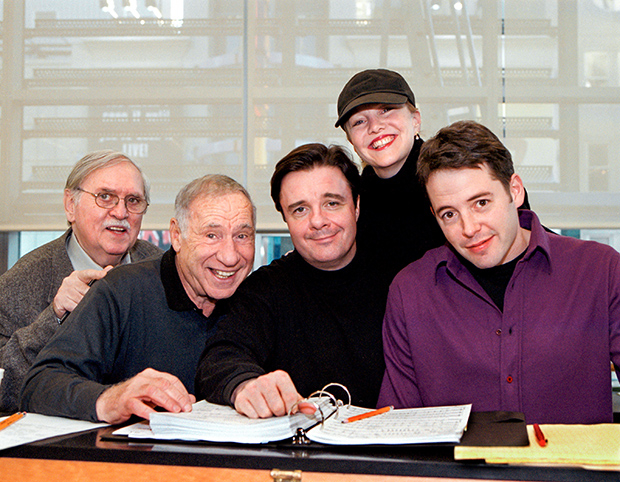 Thomas Meehan, Mel Brooks, Nathan Lane, Susan Stroman, and Matthew Broderick in rehearsal for The Producers