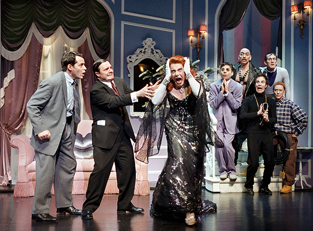 Matthew Broderick, Nathan Lane, Gary Beach, Ray Wills, Peter Marinos,  Roger Bart, Jeffry Denman, and Kathy Fitzgerald in the number &quot;Keep It Gay&quot;