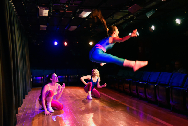 Renee Simeone, Elektra Davis, and Carolina Giansante perform &quot;Let&#39;s Get Physical&quot; in Rearview Mirror, directed and choreographed by Maria Caruso, at the Jerry Orbach Theater.