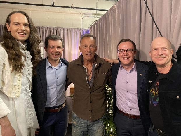 Bruce Springsteen backstage with theater owner Jordan Roth, United States Transportation Secretary Pete Buttigieg, Chasten Buttigieg, and Richie Jackson.