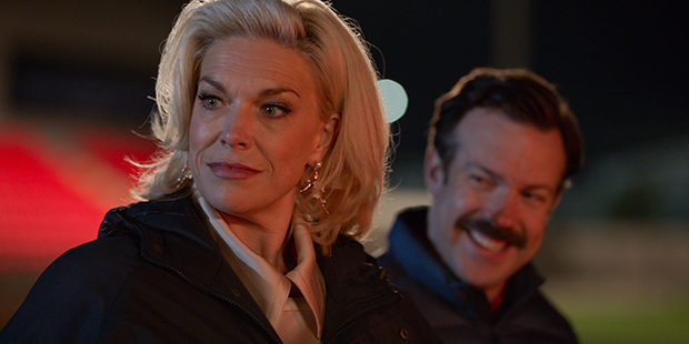 Hannah Waddingham as Rebecca and Jason Sudeiks as Ted in Ted Lasso