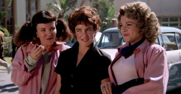Jamie Donnelly, Stockard Channing, and Dinah Manoff as three of the Pink Ladies in the original 1978 film Grease.