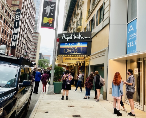 A small crowd gathers outside the August Wilson Theatre as the house opens for the first preview of Antionette Chinonye Nwandu&#39;s Pass Over on Broadway.