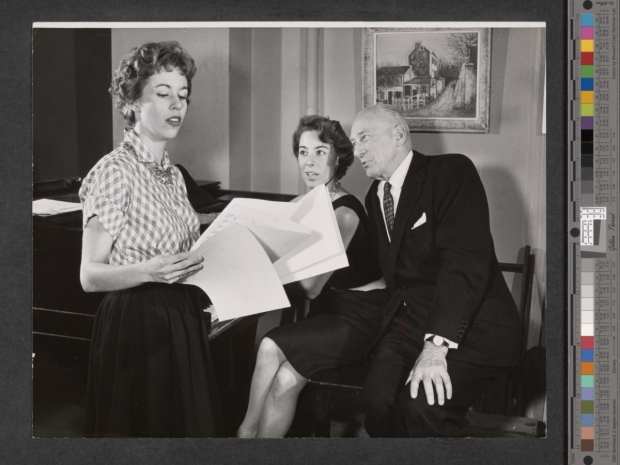 Carol Burnett rehearses Once Upon A Mattress with composer Mary Rodgers and director George Abbott in 1959. 