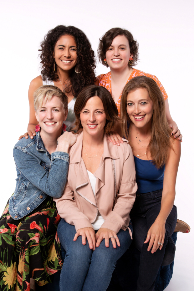 The creative team of Mystic Pizza: bottom: Carmel Dean, Casey Hushion, Sandy Rustin; top: Liz Ramos, Kristin Stowell