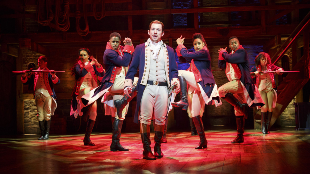Miguel Cervantes (center), who played Alexander Hamilton in the Chicago run, will lead the Broadway cast when Hamilton returns to the Richard Rodgers Theatre on September 14. 