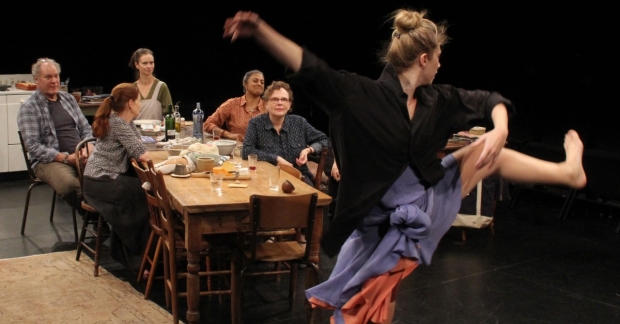 Jay O. Sanders, Haviland Morris, Yvonne Woods, Rita Wolf, Maryann Plunkett, and
Charlotte Bydwell in a scene from What Happened?: The Michaels Abroad