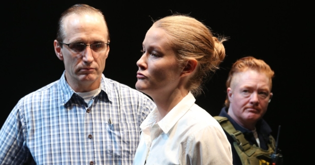 Peter Simpson, Emily Davis, and Becca Blackwell in the 2020 Vineyard Theatre production of Is This A Room.