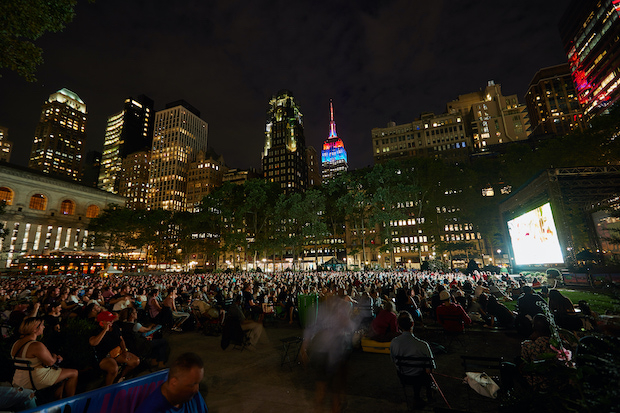 The audience at Bryant Park enjoys a 2019 screening of The Birdcage. 