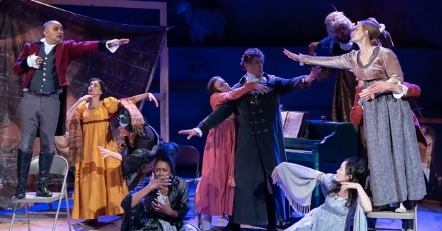 Rajesh Bose, Nandita Shenoy, Annabel Capper, Shaun Bennet Faultleroy, Caroline Grogan, Randolph Curtis Rand, Yonatan Gebeyehu, Claire Hsu, Arielle Yoder, and Jamie Smithson (behind Yoder) in the Bedlam production of Persuasion, directed by Eric Tucker, at the Connelly Theater.