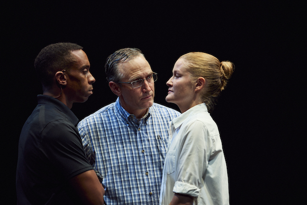 Will Cobbs and Pete Simpson play FBI agents, and Emily Davis plays Reality Winner in Is This A Room, directed by Tina Satter, at Broadway's Lyceum Theatre.