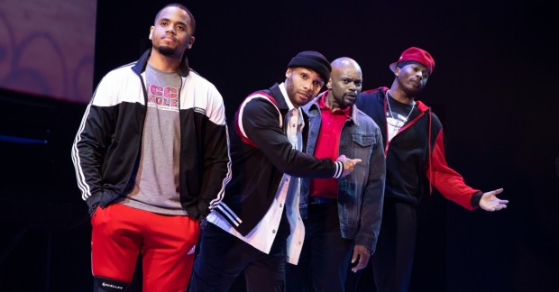 Tristan Mack Wilds, Dyllón Burnside, Forrest McClendon, and Da&#39;Vinchi in Keenan Scott II&#39;s Thoughts of a Colored Man, directed by Steve H. Broadnax III, at Broadway&#39;s Golden Theatre