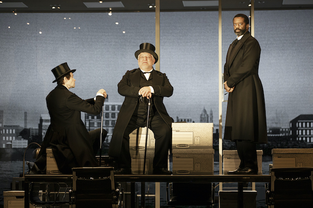 Adam Godley, Simon Russell Beale, and Adrian Lester star in Stefano Massini and Ben Power's The Lehman Trilogy, directed by Sam Mendes, at Broadway's Nederlander Theatre.