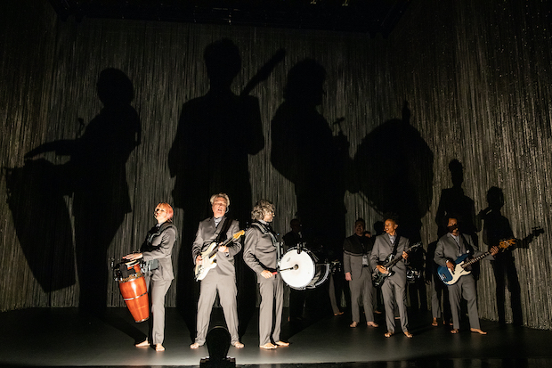 David Byrne leads the band in American Utopia, staged and choreographed by Annie-B Parson, at Broadway&#39;s St. James Theatre.