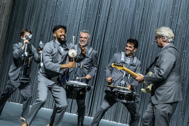 Tim Keiper (with the maracas), Gustavo Di Dalva, Stéphane San Juan, Daniel Freedman, and David Byrne appear in American Utopia on Broadway.