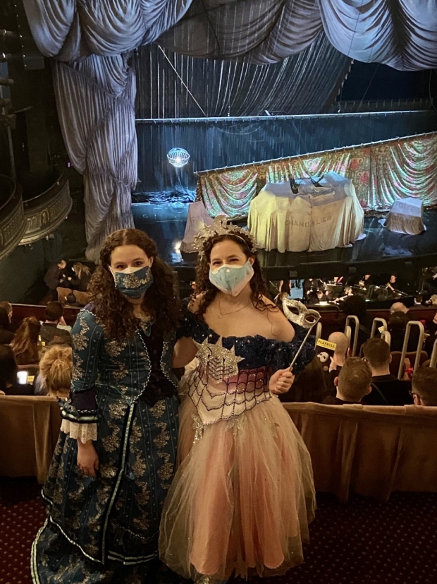The author (right) and her sister Francesca at the reopening of Phantom of the Opera on October 22.