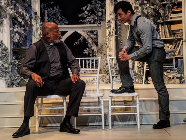 Raphael Nash Thompson as Reverend Samuel Gardner, and David Lee Huynh as his son, Frank, in Mrs. Warren&#39;s Profession.