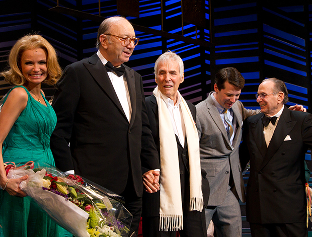 Kristin Chenowen and Sean Hayes on stage with Burt Bacharach (center), Neil Simon (left), and Hal David (right) at the 2010 opening of the Promises, Promises revival