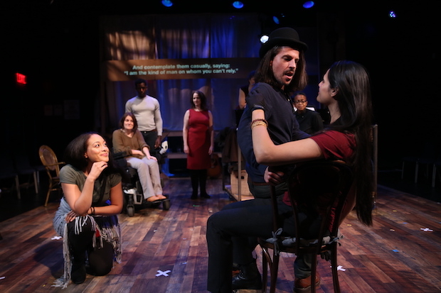 Ann Flanigan (left) watches Stephen Drabicki and Fareeda Pyracha Ahmed (right) in the Theater Breaking Through Barriers production of Brecht on Brecht, directed by Nicholas Viselli, at A.R.T./New York Theatre.