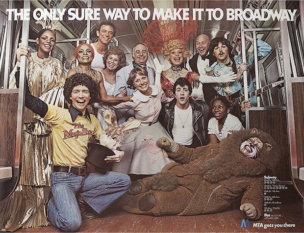 Broadway stars of 1977 ride the subway: Melba Moore (Timbuktu!), Joseph Abaldo (The Magic Show), Eartha Kitt (Timbuktu!), Monte Markham (Same Time, Next Year), Ruth Rivera (Cold Storage), Martin Balsam (Cold Storage), Melody Libonati (Grease), Greg Zadikov (Grease), Carol Channing (Hello, Dolly!), Reid Shelton (Annie), Alan Leboeuf (Beatlemania), Stephanie Mills (The Wiz), and Gregg Baker (The Wiz). 