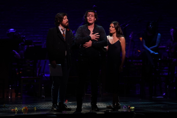 John Gallagher, Jr., Jonathan Groff, and Lea Michele take a bow at the Spring Awakening reunion concert at the Imperial Theatre. 