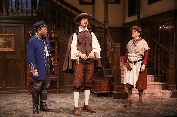 Manoel Felciano plays Face, Allen Tedder plays Kastril, and Nathan Christopher plays Abel Drugger in The Alchemist at New World Stages.