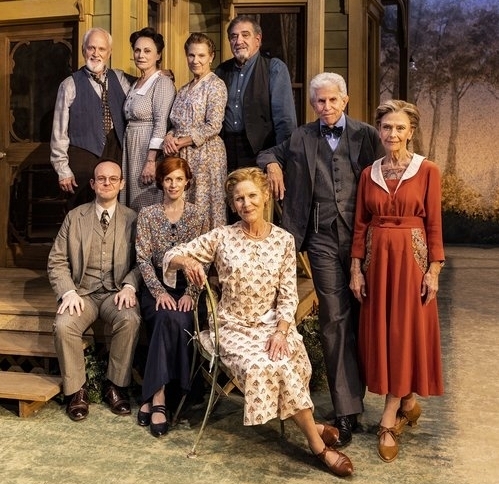 The cast of Morning&#39;s at Seven. Standing: John Rubenstien, Alma Cuervo, Lindsay Crouse, Dan Lauria, Tony Roberts, and Patty McCormack. Seated: Jonathan Spivey, Keri Safran, and Alley Mills.