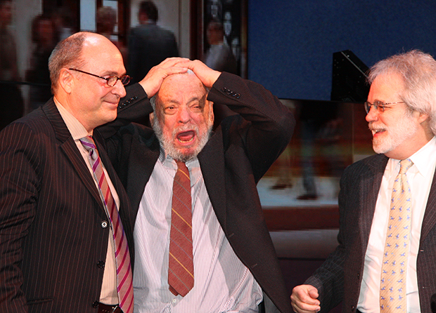 Stephen Sondheim reacts as longtime collaborators James Lapine and John Weidman announce the naming of the Stephen Sondheim Theatre in 2010