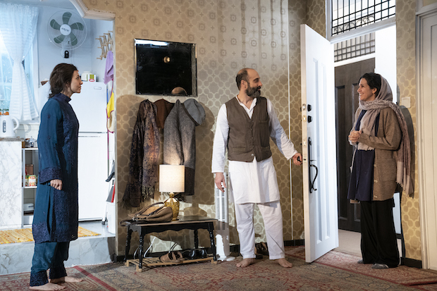 Marjan Neshat plays Afiya, Mattico David plays Jawid, and Francis Benhamou plays Leyla in Selling Kabul.