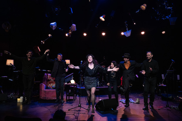 Feargal Murray, Paul Byrne, Camille O&#39;Sullivan, Jessica Lurie, Omar Kabir, and Steve Fraser perform Where Are We Now? at Irish Arts Center.