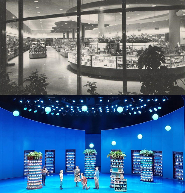Above: The Rexall drug store at the corner of La Cienega and Beverly Boulevards as it appeared in the 1940s. Below: That same store as it is depicted in Flying Over Sunset.