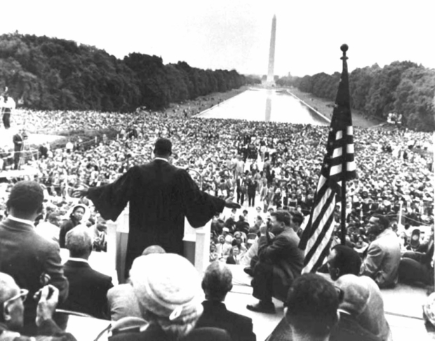 Dr. Martin Luther King, Jr. addresses the 1957 Prayer Pilgrimage for Freedom from the Lincoln Memorial.